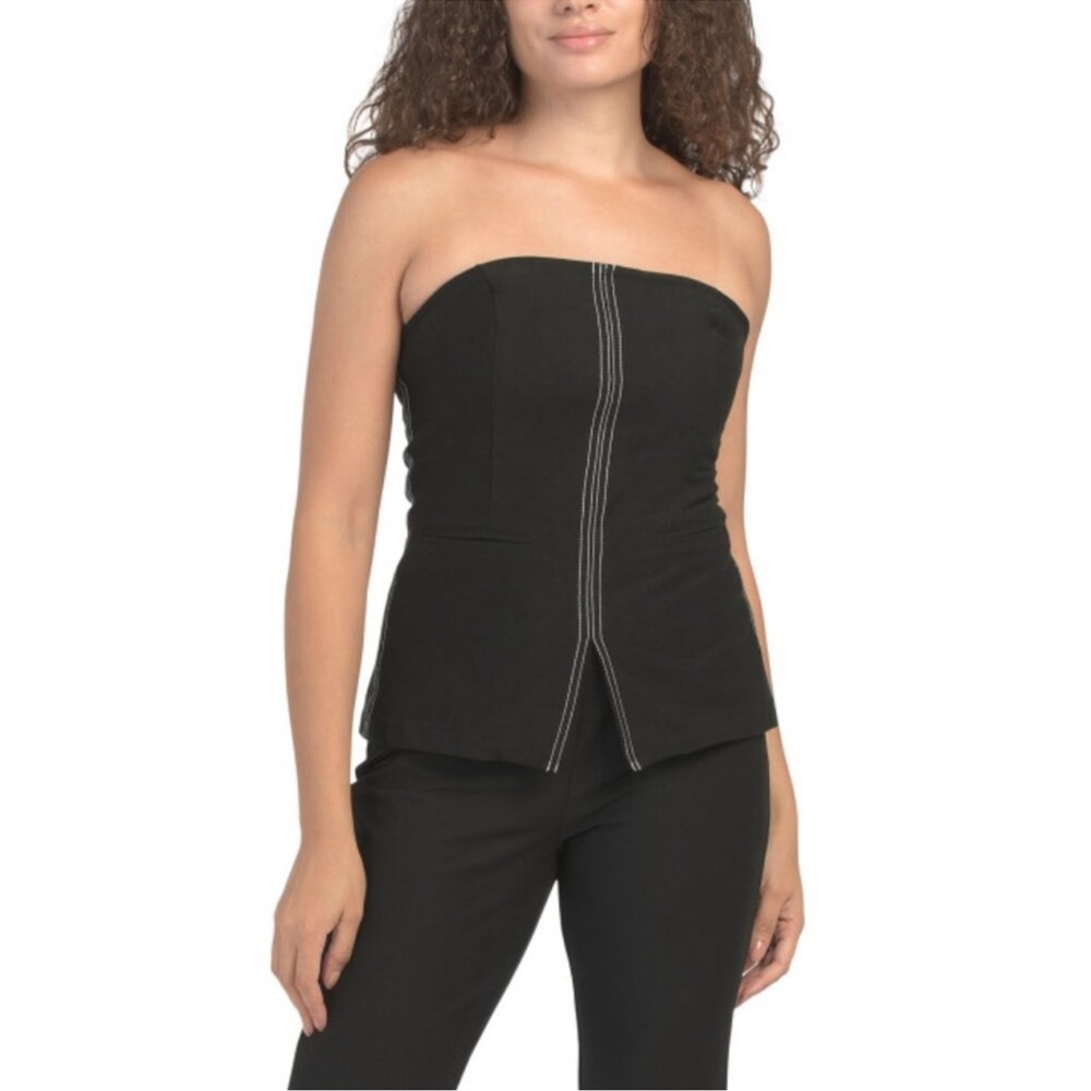 CAMILA COELHO Black Contrast Stitch Peplum Strapless Top